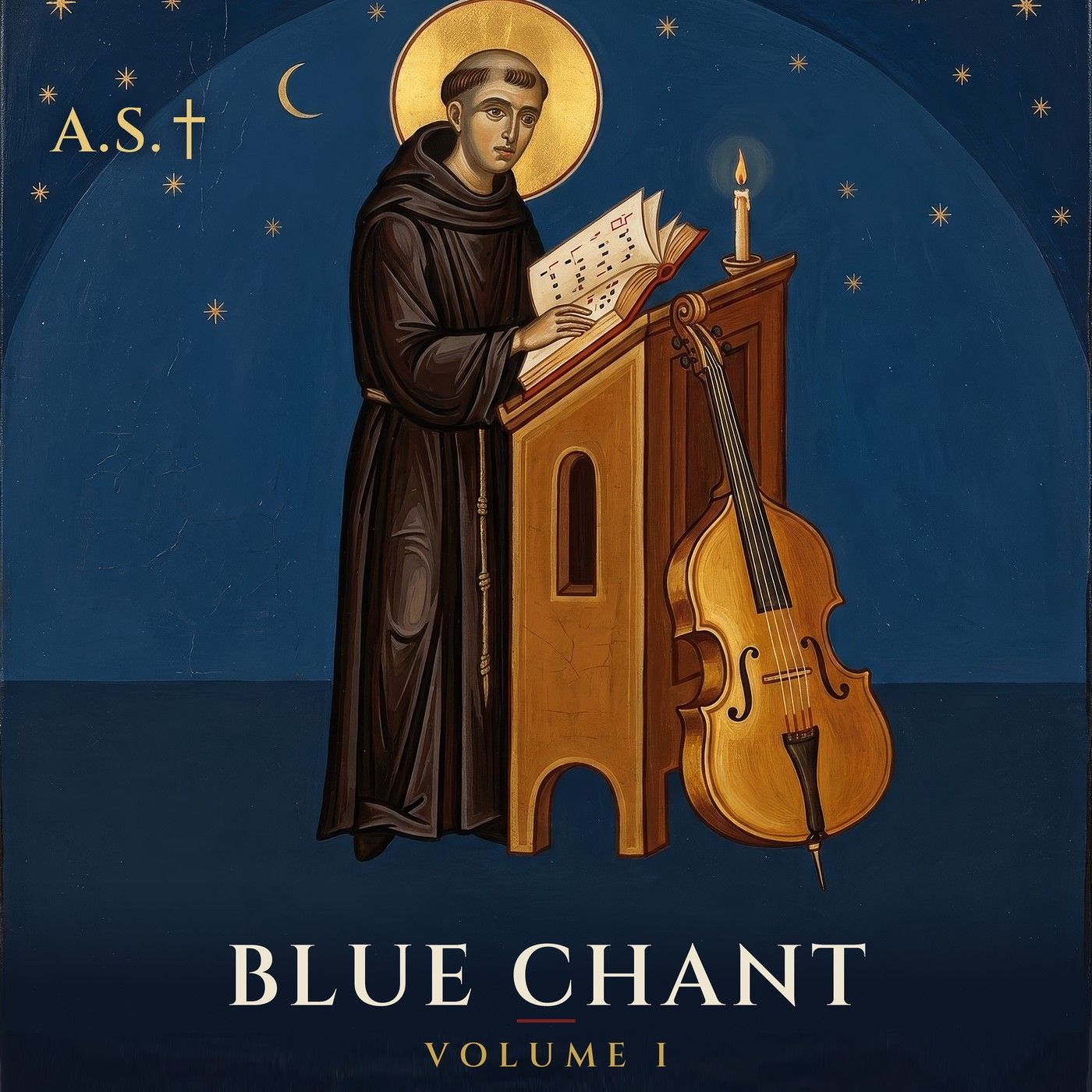 Blue Chant, Volume I: a monk-cantor sings at a lectern beside an upright bass, under a blue night sky